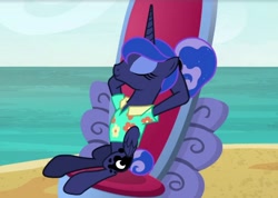 Size: 2048x1455 | Tagged: safe, screencap, princess luna, alicorn, pony, between dark and dawn, g4, season 9, alternate hairstyle, beach, clothes, cute, female, hawaiian shirt, mare, ocean, relaxing, shirt, tail, tail bun, throne, water