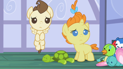 Size: 1280x720 | Tagged: safe, screencap, pound cake, pumpkin cake, pegasus, pony, unicorn, baby cakes, g4, season 2, baby, baby pony, brother and sister, cake twins, duo, female, guilty, male, siblings, toy, twins