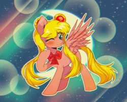 Size: 2048x1638 | Tagged: safe, artist:pierogarts, celena, pegasus, pony, g4, anime, background pony, crossover, female, mare, one eye closed, ponified, sailor moon, sailor moon (series), solo, tsukino usagi