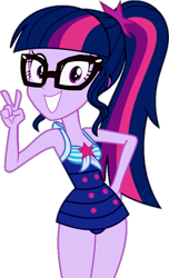 Size: 480x788 | Tagged: safe, artist:gameboss375, sci-twi, twilight sparkle, human, equestria girls, equestria girls specials, g4, my little pony equestria girls: better together, my little pony equestria girls: forgotten friendship, clothes, female, glasses, legs together, looking at you, one-piece swimsuit, peace sign, sci-twi swimsuit, simple background, solo, swimsuit, transparent background