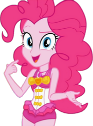 Size: 2200x2957 | Tagged: safe, artist:gameboss375, pinkie pie, human, equestria girls, g4, i'm on a yacht, my little pony equestria girls: better together, bare shoulders, clothes, female, high res, looking at you, one-piece swimsuit, open mouth, pinkie pie swimsuit, simple background, sleeveless, solo, swimsuit, transparent background