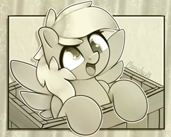 Size: 1340x1071 | Tagged: safe, artist:llametsul, derpy hooves, pegasus, pony, g4, atg 2022, box, cute, derpabetes, female, filly, foal, if i fits i sits, monochrome, newbie artist training grounds, open mouth, open smile, pony in a box, signature, smiling, solo