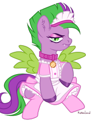 Size: 1200x1498 | Tagged: safe, artist:kawaiizhele, spike, pegasus, pony, g4, clothes, collar, crossdressing, eyeshadow, fake eyelashes, femboy, femboy spike, maid, maid headdress, makeup, male, ponified, ponified spike, simple background, solo, species swap, spike is not amused, stallion, stockings, thigh highs, transparent background, unamused