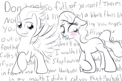 Size: 2400x1600 | Tagged: safe, artist:cosmonaut, diamond tiara, rumble, earth pony, pegasus, pony, g4, blushing, colt, dialogue, diamond tsundiara, duo, female, filly, foal, male, monochrome, obscured text, partial color, shipping, straight, tiarumble, tsundere