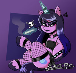 Size: 3952x3846 | Tagged: safe, artist:saucepit, izzy moonbow, pony, unicorn, g5, candy, clothes, collar, ear piercing, female, fishnet stockings, food, goth, goth izzy, high res, horn, horn ring, lipstick, magic, makeup, mare, midriff, piercing, ring, sideways cutie mark, skull and crossbones, solo, spiked wristband, tank top, telekinesis, wristband