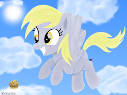 Size: 1280x960 | Tagged: safe, artist:thedarktercio, derpy hooves, pegasus, pony, g4, cloud, cute, flying, food, muffin, sky, solo, sun