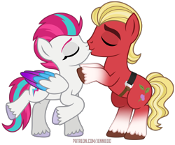 Size: 5020x4180 | Tagged: safe, artist:jennieoo, sprout cloverleaf, zipp storm, earth pony, pegasus, pony, g4, g5, my little pony: a new generation, coat markings, commission, cute, eyes closed, female, g5 to g4, generation leap, happy, kiss on the lips, kissing, male, mare, out of character, raised hoof, raised leg, rearing, ship:cloverstorm, shipping, show accurate, simple background, socks (coat markings), spread legs, spreading, sproutbetes, stallion, standing on two hooves, straight, text, transparent background, unshorn fetlocks, vector
