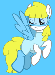 Size: 795x1094 | Tagged: safe, artist:jigglewiggleinthepigglywiggle, surprise, pegasus, pony, g1, g4, adoraprise, blue background, clothes, cute, cyan background, dive mask, female, flippers (gear), frown, g1 to g4, generation leap, goggles, mare, scuba diver, simple background, solo, surprise is not amused, swimsuit, unamused, underwater surprise