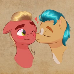 Size: 3158x3158 | Tagged: safe, artist:haruh_ink, hitch trailblazer, sprout cloverleaf, earth pony, pony, g5, my little pony: a new generation, blushing, cheek kiss, duo, eyes closed, gay, heart, high res, kissing, male, ship:clovertrail, shipping, signature, simple background, stallion