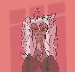 Size: 1080x1043 | Tagged: safe, artist:amynewart, discord, draconequus, g5, spoiler:g5comic, antlers, beard, cloak, clothes, discord is not amused, facial hair, long hair, looking at you, looking forward, male, old man discord, pink background, red background, red eyes, simple background, snaggletooth, solo, unamused