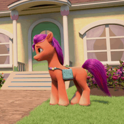 Size: 600x600 | Tagged: safe, screencap, posey bloom, sunny starscout, earth pony, pony, g5, my little pony: make your mark, my little pony: make your mark chapter 1, spoiler:my little pony: make your mark, animated, cropped, female, gif, i watch it for the ears, mane stripe sunny, mare