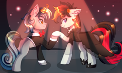 Size: 3500x2100 | Tagged: safe, artist:stesha, oc, oc only, earth pony, pony, unicorn, clothes, dancing, dress, duet, duo, female, high res, holding hooves, light, magic, male, male and female, mare, shipping, smiling, spotlight, stallion, straight