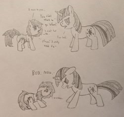 Size: 3204x3024 | Tagged: source needed, safe, artist:cleverround, twilight sparkle, oc, oc only, oc:filly anon, earth pony, pony, unicorn, angry, cheek fluff, cruel twilight, diaper, diaper fetish, duo, ear fluff, female, fetish, filly, floppy ears, foal, grayscale, high res, leg fluff, mare, mean, monochrome, non-baby in diaper, pissing, smiling, smug, traditional art, underhoof, unicorn twilight, urine, used diaper, wet diaper, wetting