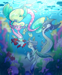 Size: 1280x1536 | Tagged: safe, artist:pupaprimeedition, oc, oc only, fish, seapony (g4), blue eyes, bubble, collar, coral, crepuscular rays, digital art, dorsal fin, female, fin wings, fins, fish tail, flowing mane, flowing tail, happy, mare, ocean, open mouth, seaweed, signature, smiling, sunlight, swimming, tail, teeth, underwater, water, wings