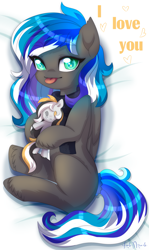 Size: 1473x2471 | Tagged: safe, artist:stesha, oc, oc only, oc:flaming dune, oc:storm cloud river's, pegasus, pony, :p, bed, blue mane, clothes, cute, female, folded wings, gift art, gradient eyes, green eyes, i love you, looking at you, lying, lying down, mare, pegasus oc, scarf, simple background, solo, text, tongue out, toy, wings
