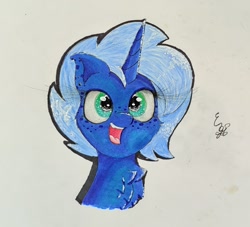 Size: 1487x1349 | Tagged: safe, artist:engi, oc, oc only, oc:midnight ink, pony, unicorn, chest fluff, cute, ear piercing, female, freckles, happy, horn, looking at you, open mouth, piercing, simple background, solo, traditional art, unicorn oc