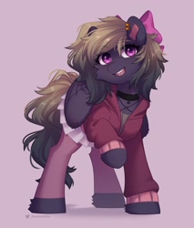 Size: 1793x2100 | Tagged: safe, artist:floweryoutoday, oc, oc only, oc:tanya hastur, pegasus, pony, bow, cheek fluff, choker, clothes, commission, ear piercing, eye clipping through hair, eyebrows, eyebrows visible through hair, female, hair bow, hoodie, leg fluff, looking at you, mare, open mouth, open smile, pegasus oc, piercing, raised leg, simple background, skirt, smiling, smiling at you, solo, tights