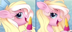 Size: 3929x1749 | Tagged: artist needed, source needed, safe, oc, oc only, oc:bay breeze, pegasus, pony, bedroom eyes, bow, female, food, hair bow, licking, looking at you, mare, pegasus oc, popsicle, tongue out