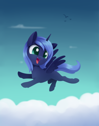 Size: 1778x2247 | Tagged: safe, artist:dusthiel, princess luna, pony, atg 2022, female, filly, flying, newbie artist training grounds, solo, woona, younger