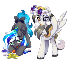 Size: 3000x2500 | Tagged: safe, artist:stesha, oc, oc only, oc:flaming dune, oc:storm cloud river's, butterfly, pegasus, pony, blushing, bow, cute, dilated pupils, eye clipping through hair, eyebrows, eyebrows visible through hair, female, floral head wreath, flower, food, frown, gradient eyes, green eyes, heterochromia, high res, looking at each other, looking at someone, mare, ocbetes, open mouth, open smile, pegasus oc, raised hoof, simple background, smiling, strawberry, tail, tail bow, transparent background, wings