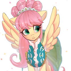 Size: 1500x1500 | Tagged: safe, artist:hosikawa, fluttershy, pegasus, pony, g4, green isn't your color, 60s, alternate hairstyle, clothes, cute, daaaaaaaaaaaw, dress, female, floppy ears, mare, modelshy, shyabetes, simple background, solo, spread wings, white background, wings