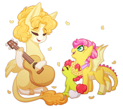 Size: 2535x2245 | Tagged: safe, artist:purplegrim40, oc, oc only, dracony, dragon, earth pony, hybrid, pegasus, pony, female, filly, foal, guitar, high res, mare, musical instrument, simple background, transparent background