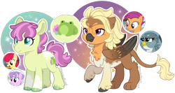 Size: 2117x1124 | Tagged: safe, artist:hopenotfound, apple bloom, diamond tiara, gabby, scootaloo, oc, oc:amethyst, oc:autumn breeze, griffon, hippogriff, pony, g4, female, filly, foal, interspecies offspring, magical lesbian spawn, offspring, parent:apple bloom, parent:diamond tiara, parent:gabby, parent:scootaloo, parents:diamondbloom, parents:gabbyloo, simple background, transparent background