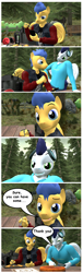Size: 1016x3344 | Tagged: safe, artist:that1guy, flash sentry, soarin', pegasus, anthro, g4, 3d, bait and switch, best friends, bromance, clothes, comic, dialogue, eating, food, gay, implied gay, implied shipping, looking at each other, looking at someone, male, phone, pie, seductive look, ship:soarinsentry, shipping, source filmmaker