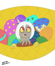 Size: 1200x1442 | Tagged: safe, artist:apic86, derpibooru exclusive, discord, draconequus, g4, easter egg, eris, looking up, newbie artist training grounds, rule 63, simple background, solo, transparent background, younger