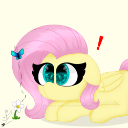 Size: 2000x2000 | Tagged: safe, artist:daftramms, fluttershy, butterfly, pegasus, pony, g4, cute, daaaaaaaaaaaw, exclamation point, flower, high res, lying down, prone, shyabetes, simple background, solo, watermark