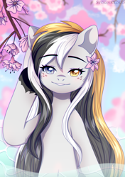 Size: 1764x2500 | Tagged: safe, artist:stesha, oc, oc only, oc:storm cloud river's, pegasus, pony, female, flower, flower in hair, heterochromia, looking at you, mare, pegasus oc, raised hoof, smiling, smiling at you, solo, straight hair