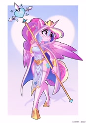 Size: 2766x3945 | Tagged: safe, artist:lummh, princess cadance, alicorn, anthro, unguligrade anthro, g4, abstract background, beautiful, beautisexy, cloak, cloaked, clothes, crystal heart, crystal princess, cute, female, heart, high res, holiday, hooves, ponytail, priestess, princess of love, sexy, socks, solo, staff, stockings, thigh highs, valentine's day