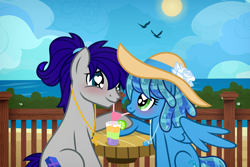 Size: 1200x802 | Tagged: safe, artist:jennieoo, oc, oc only, oc:maverick, oc:ocean soul, bird, earth pony, pegasus, pony, alcohol, beach, blushing, cocktail, couple, drink, drinking, duo, duo male and female, earth pony oc, eye contact, female, hat, heart, heart eyes, jewelry, looking at each other, looking at someone, lovers, male, mare, married couple, married couples doing married things, necklace, oc x oc, ocean, pegasus oc, ponytail, shipping, show accurate, smiling, smiling at each other, soulverick, stallion, story, story in the source, story included, straight, vector, water, wingding eyes