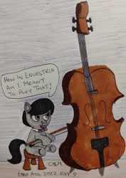 Size: 2689x3798 | Tagged: safe, artist:rapidsnap, octavia melody, earth pony, pony, g4, atg 2022, cello, cute, female, filly, filly octavia, foal, grumpy, high res, musical instrument, newbie artist training grounds, solo, traditional art, younger