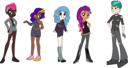 Size: 1219x653 | Tagged: safe, artist:icicle-niceicle-1517, artist:yeetmedownthestairs, color edit, edit, hitch trailblazer, izzy moonbow, pipp petals, sunny starscout, zipp storm, human, equestria girls, g4, g5, boots, bra, bra strap, choker, chubby, clothes, collaboration, colored, converse, dark skin, denim, dress, ear piercing, earring, equestria girls-ified, eyebrow piercing, female, fingerless gloves, fishnet clothing, g5 to equestria girls, g5 to g4, generation leap, gloves, goth, goth izzy, grin, high heel boots, human coloration, jeans, jewelry, lip piercing, male, mane five, nose piercing, nose ring, open mouth, pants, piercing, shirt, shoes, shorts, simple background, smiling, snake bites, sneakers, socks, spiked choker, stockings, sweater, t-shirt, tank top, thigh highs, torn clothes, transparent background, underwear, wristband