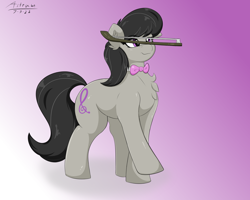 Size: 2500x2000 | Tagged: safe, artist:astrum, octavia melody, earth pony, pony, g4, balancing, bow (instrument), bowtie, chest fluff, cute, digital art, ear fluff, eyebrows, eyebrows visible through hair, female, full body, gradient background, high res, mare, ponies balancing stuff on their nose, silly, silly pony, smiling, solo, tavibetes