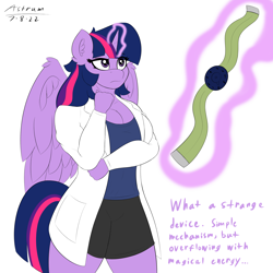 Size: 2000x2000 | Tagged: safe, artist:astrum, part of a set, twilight sparkle, alicorn, anthro, g4, belt, breasts, cleavage, clothes, dexter's laboratory, dialogue, high res, lab coat, levitation, looking up, magic, raised eyebrow, shorts, simple background, solo, talking, tank top, telekinesis, the tick, twilight sparkle (alicorn), white background, wings