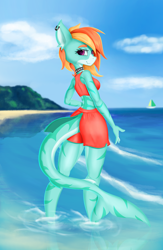 Size: 2280x3504 | Tagged: safe, artist:qbellas, oc, oc only, original species, shark, shark pony, anthro, anthro oc, ass, beach, beach shorts swimsuit, butt, clothes, female, high res, implied tail hole, looking at you, looking back, shorts, solo, tail