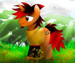 Size: 2429x2040 | Tagged: safe, artist:fededash, oc, oc only, oc:paul, pony, unicorn, beard, clothes, crepuscular rays, facial hair, glass, high res, horn, male, shadow, shirt, smiling, solo, sun, tree, unicorn oc