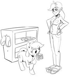 Size: 661x733 | Tagged: safe, artist:applephil, applejack, earth pony, human, pony, g4, black and white, clothes, feet, female, grayscale, hand on hip, human ponidox, humanized, mare, monochrome, mouth hold, sandals, self paradox, self ponidox, simple background, slippers, white background, wiggling toes