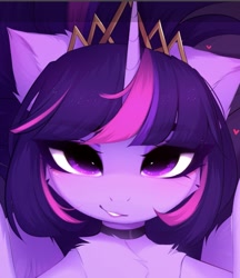 Size: 1137x1318 | Tagged: safe, artist:magnaluna, twilight sparkle, alicorn, pony, alternate hairstyle, bedroom eyes, bust, choker, crown, eyebrows, eyebrows visible through hair, heart, heart eyes, jewelry, lipstick, looking at you, portrait, purple eyes, regalia, smiling, solo, spread wings, twilight sparkle (alicorn), wingding eyes, wings