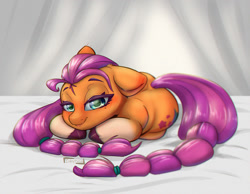 Size: 1200x929 | Tagged: safe, artist:inkypuso, sunny starscout, earth pony, pony, g5, bed, curled up, cute, female, floppy ears, lidded eyes, looking at you, mare, signature, smiling, solo, sunnybetes