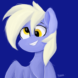 Size: 4000x4000 | Tagged: safe, artist:skylinepony_, derpy hooves, pegasus, pony, g4, blue background, derp, female, grin, mare, signature, simple background, smiling, solo, wings