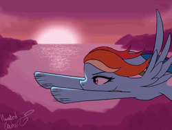 Size: 600x450 | Tagged: safe, artist:hauntedtuba, rainbow dash, pegasus, pony, animated, blinking, cloud, eyebrows, female, flapping wings, flowing hair, flowing mane, flying, gif, loop, mare, motion lines, perfect loop, signature, solo, spread wings, sun, sunset, water, windswept mane, wings