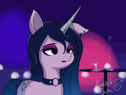 Size: 600x450 | Tagged: safe, artist:hauntedtuba, izzy moonbow, pony, unicorn, g5, alternate cutie mark, animated, ashtray, blowing, choker, cigarette, drink, dyed mane, ear piercing, earring, eyeshadow, female, gif, goth, goth izzy, jewelry, lipstick, loop, makeup, one ear down, perfect loop, piercing, solo