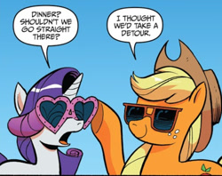 Size: 626x497 | Tagged: safe, idw, applejack, rarity, earth pony, pony, unicorn, g4, comic, duo, duo female, female, frown, glasses, heart shaped glasses, horn, mare, open mouth, smiling, speech bubble, sunglasses, talking