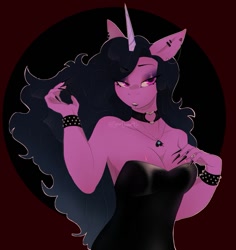 Size: 1073x1139 | Tagged: safe, artist:superduperath, izzy moonbow, unicorn, anthro, g5, breasts, choker, cleavage, clothes, dress, female, fingernails, goth, goth izzy, latex, lidded eyes, long nails, solo, spiked wristband, wristband