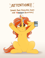 Size: 766x1000 | Tagged: safe, artist:higglytownhero, oc, oc only, oc:cinderheart, pony, unicorn, angry eyes, chest fluff, cute, female, hooves up, horn, magic the gathering, mare, sitting, solo, upsies