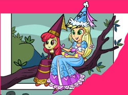 Size: 705x528 | Tagged: safe, artist:art-2u, edit, apple bloom, applejack, human, equestria girls, g4, bonding, bow, clothes, comic, cute, dress, duo, duo female, female, froufrou glittery lacy outfit, happy, one-panel comic, pretty, princess, princess apple bloom, princess applejack, siblings, sisters, smiling, tree, tree branch