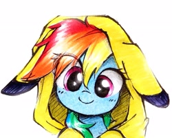 Size: 2235x1790 | Tagged: safe, artist:liaaqila, rainbow dash, pegasus, pikachu, pony, g4, clothes, cute, daaaaaaaaaaaw, dashabetes, eye clipping through hair, female, high res, hoodie, liaaqila is trying to murder us, liaaqila is trying to murder us with dashabetes, looking at you, mare, pikachu hoodie, pokémon, simple background, smiling, smiling at you, solo, traditional art, weapons-grade cute, white background